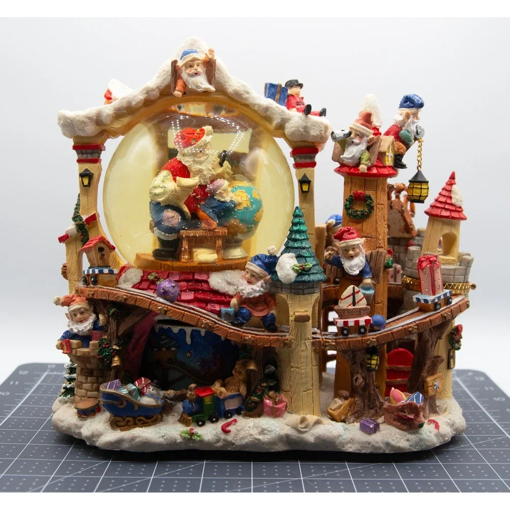 Vintage Santa‎ Claus Workshop Musical Snow Globe Elf Village Castle Train 9in